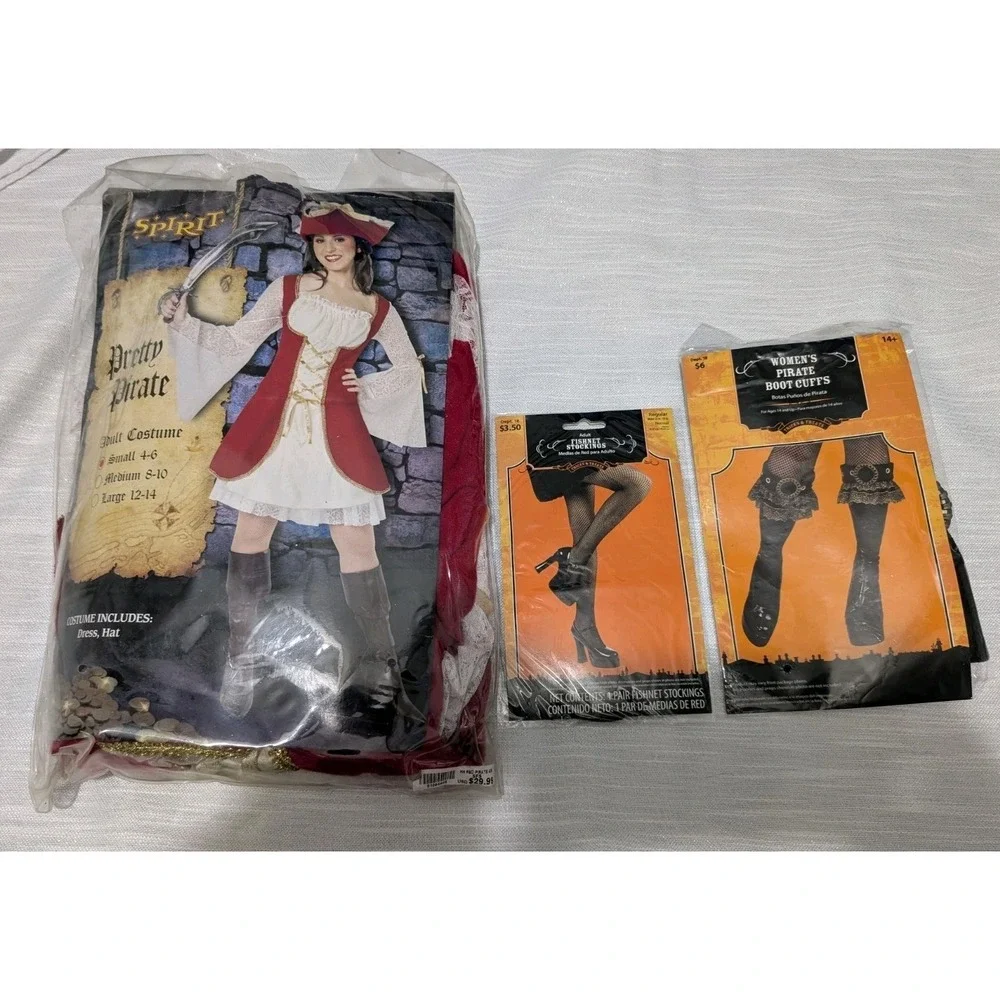 Spirit Pretty Pirate Adult Halloween Costumeb Dress & Hat 2 Prs Stockings Sz S‎